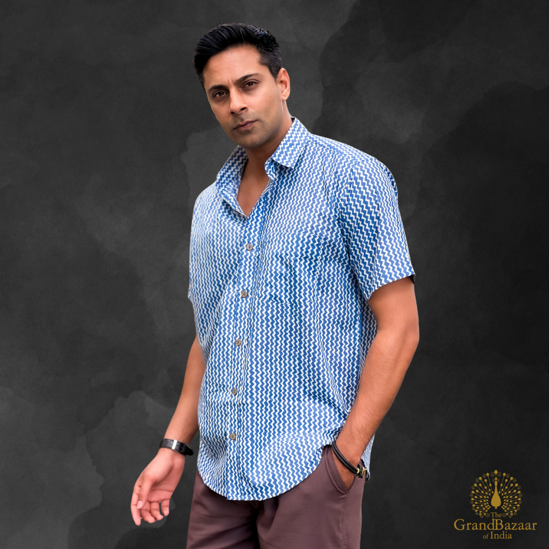 Men’s Cotton Printed Shirt – Blue Geometric Pattern(MSHIRT-HALF-32-JL25)