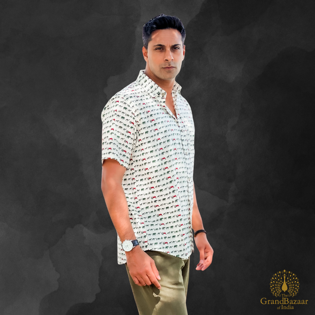 Men’s Cotton Printed Shirt – Elephant Motif Design(MSHIRT-HALF-20-JL25)