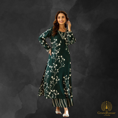 Elegant Forest Green Floral Kurti Set