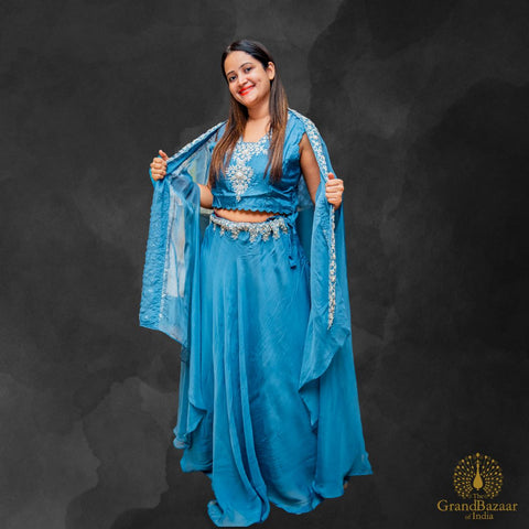 Blue Embroided Choli with skirt and Embroided Shrug
