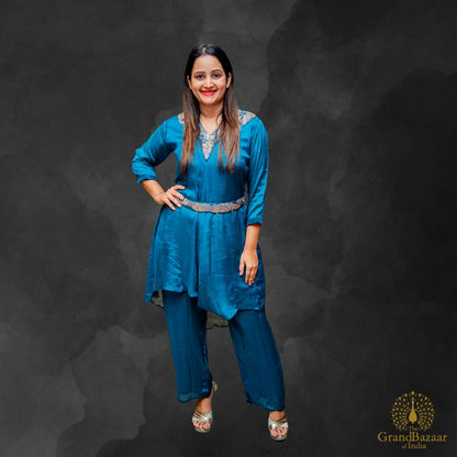 Blue kurti set with Embroided Belt