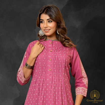 Light plum color kurti set with palazzo pants in block prints design