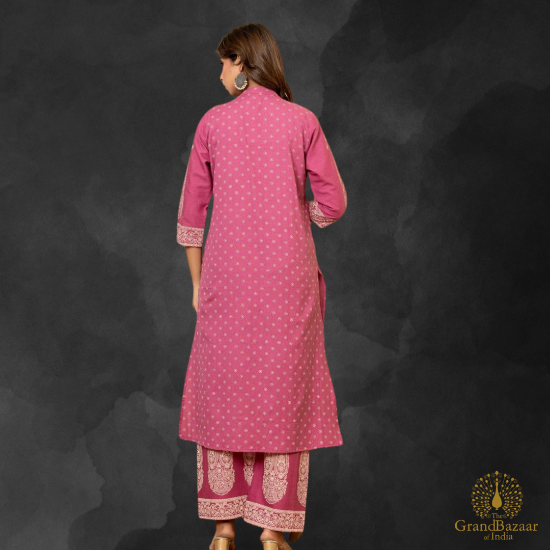Light plum color kurti set with palazzo pants in block prints design