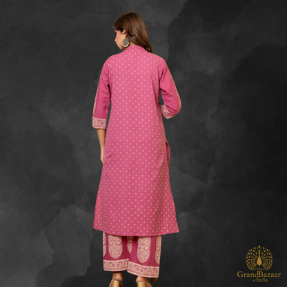 Light plum color kurti set with palazzo pants in block prints design