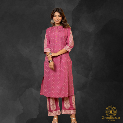 Light plum color kurti set with palazzo pants in block prints design