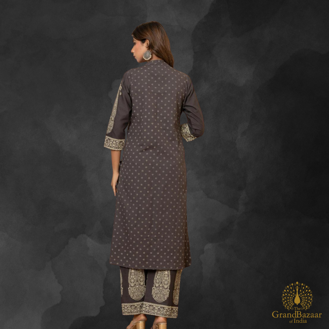 Grey kurti set with matching palazzo pants with block prints design