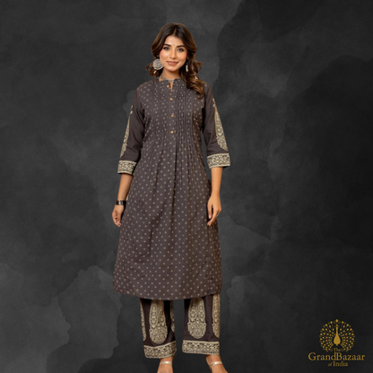 Grey kurti set with matching palazzo pants with block prints design