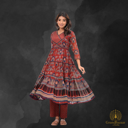 Maroon kurti full set in block prints design