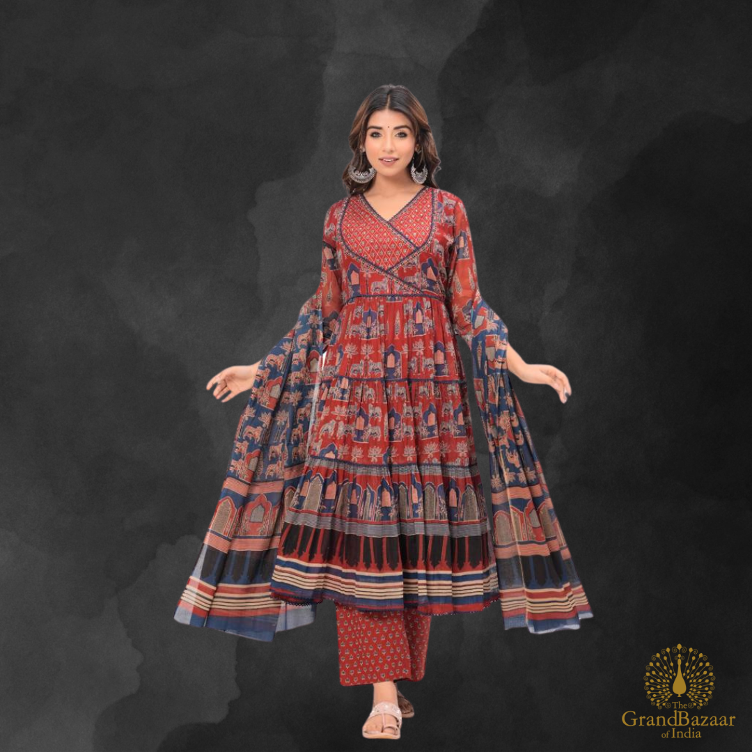 Maroon kurti full set in block prints design