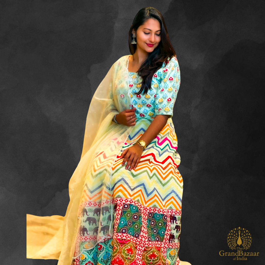 Light Green lehenga with elephant prints