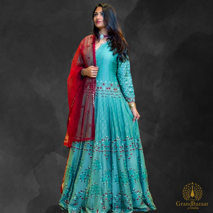 Green long gown with minimalist red floral block prints