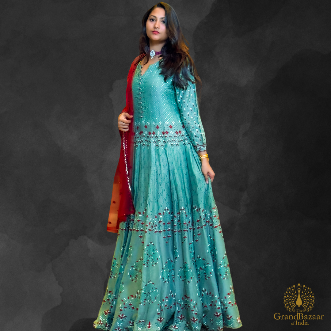 Green long gown with minimalist red floral block prints