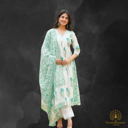 White kurti full set with green floral prints