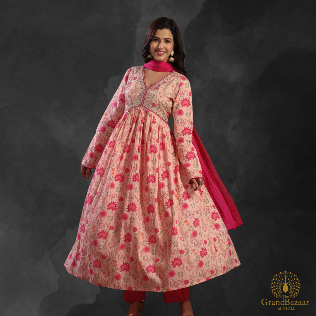 Pink kurti full set with floral prints