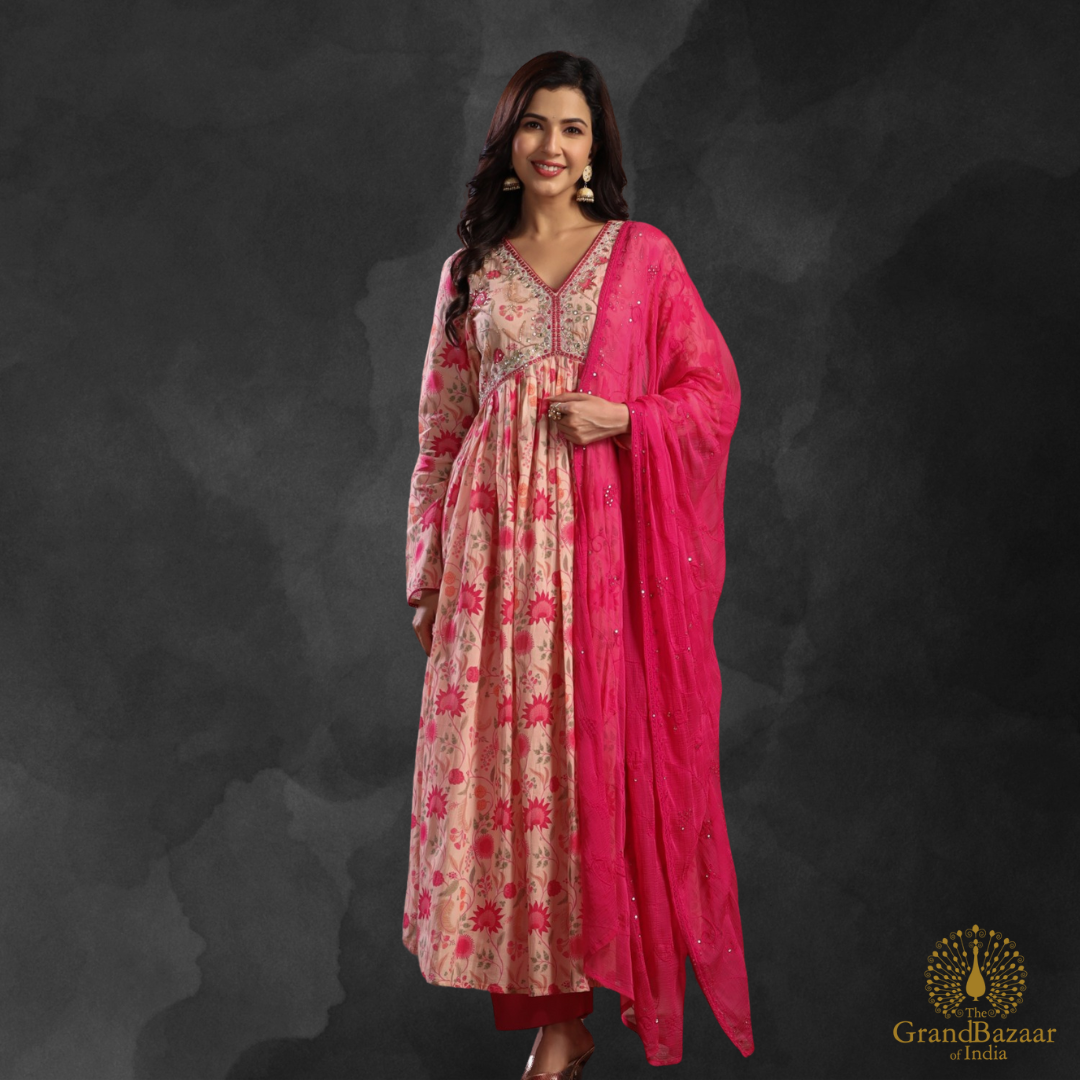 Pink kurti full set with floral prints