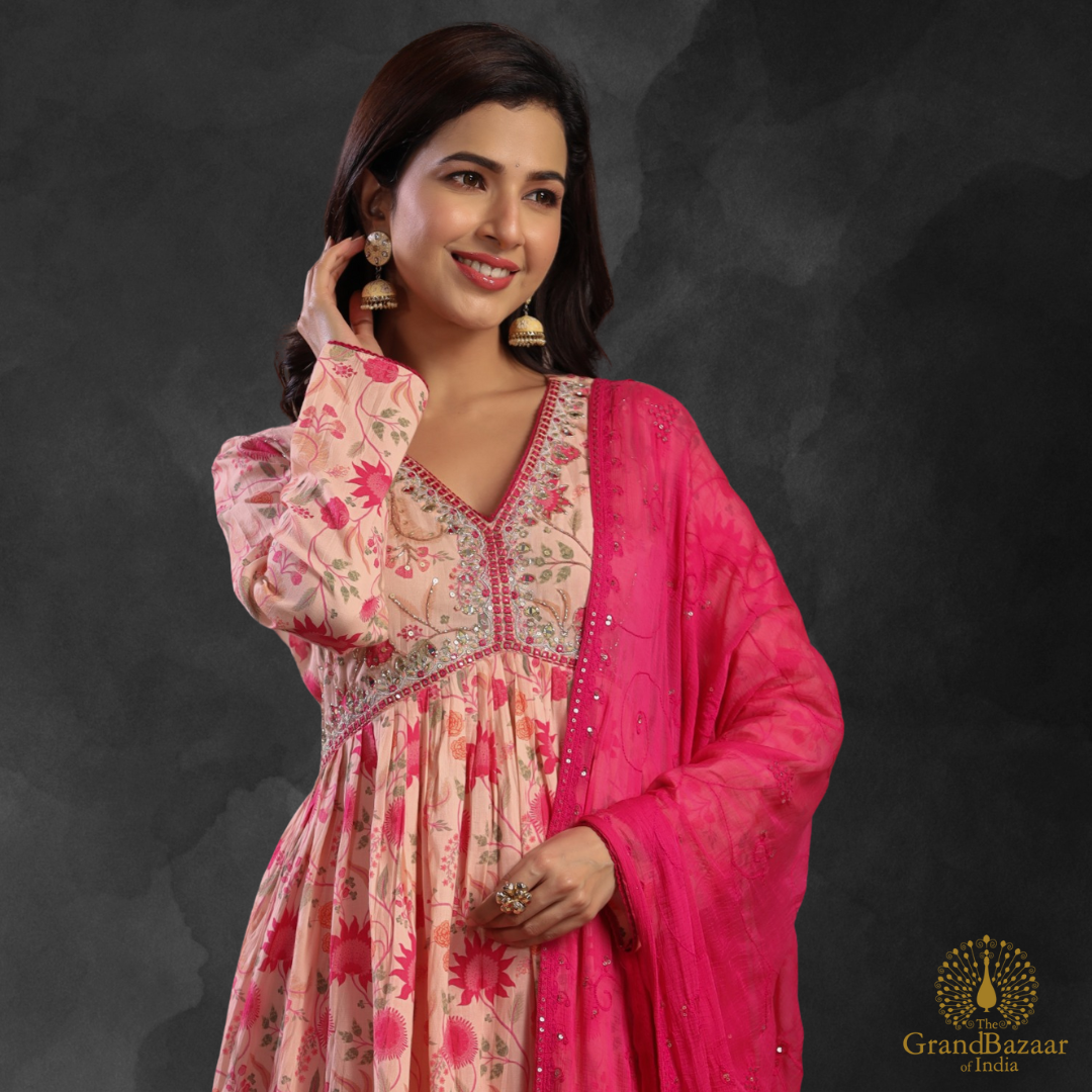 Pink kurti full set with floral prints