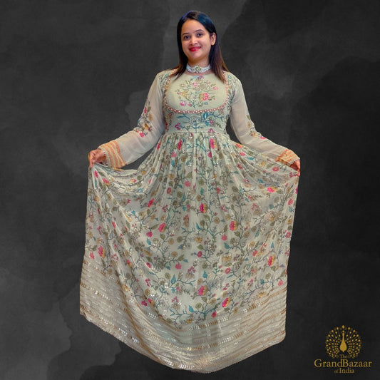 Off White Long Gown with Printed Flowers