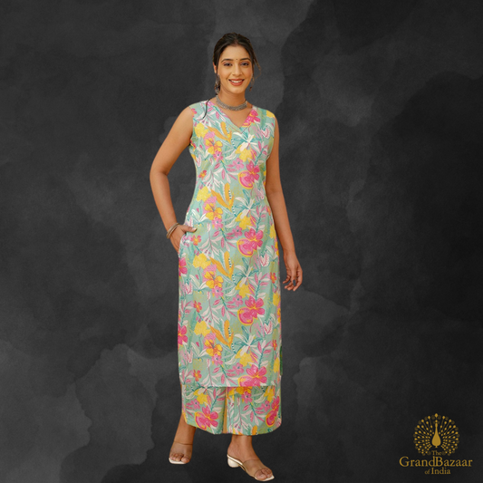 Teal Kurti set with floral design