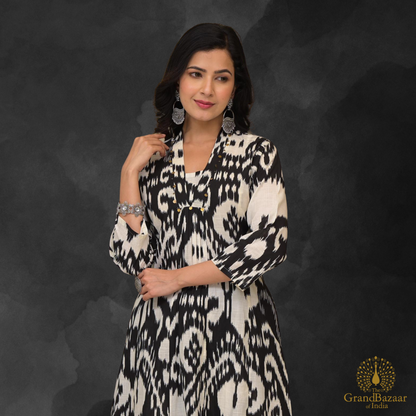Black kurti set with printed white motifs