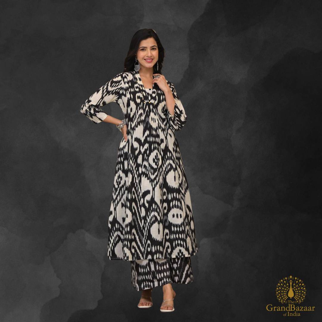 Black kurti set with printed white motifs