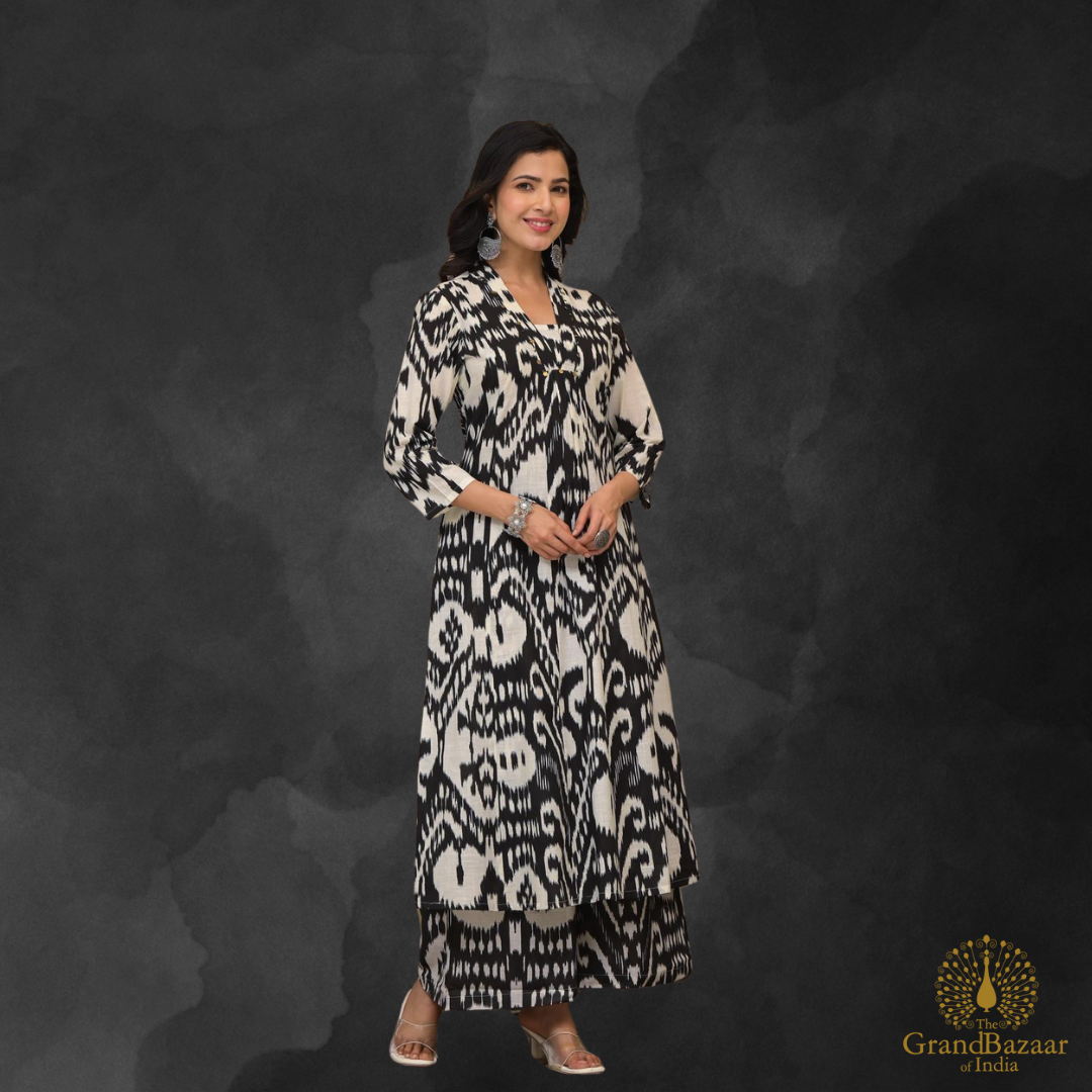 Black kurti set with printed white motifs