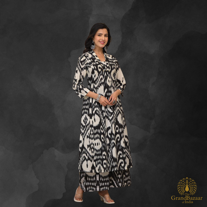 Black kurti set with printed white motifs