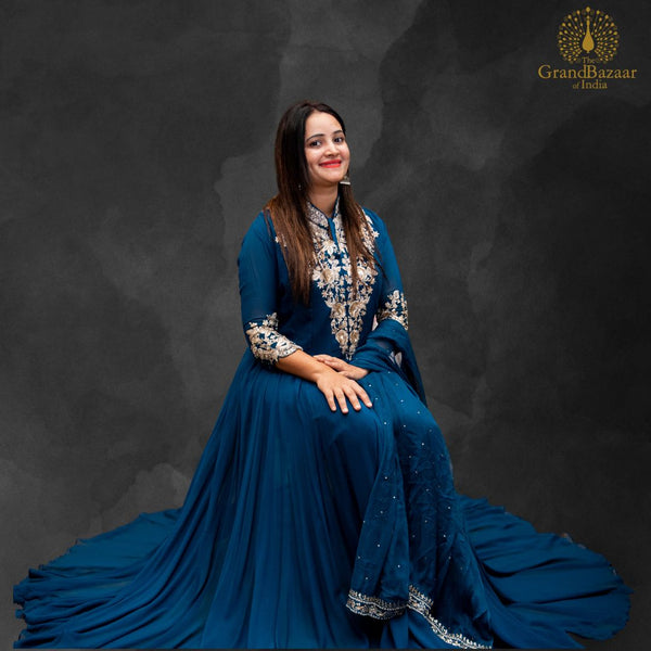 Embroidery Blue Long Gown with pants and Dupatta