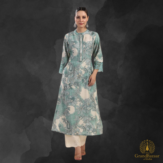 Green kurti set with beige straight pants