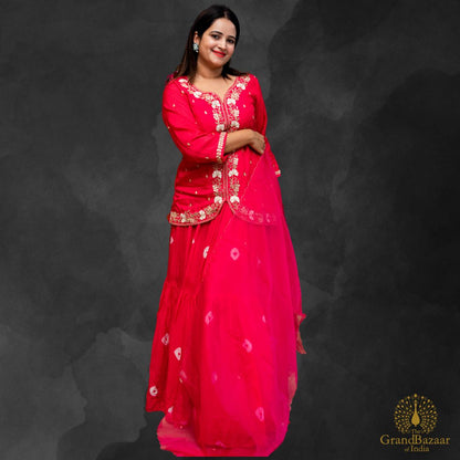 Pink embroidered Blouse with printed Skirt and Dupatta