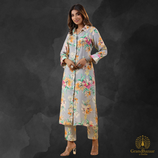 Grey kurti set with floral design prints