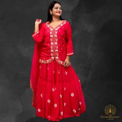 Pink embroidered Blouse with printed Skirt and Dupatta