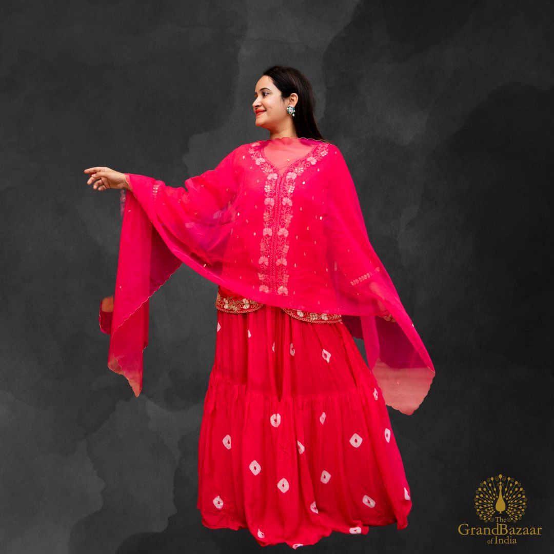 Pink embroidered Blouse with printed Skirt and Dupatta