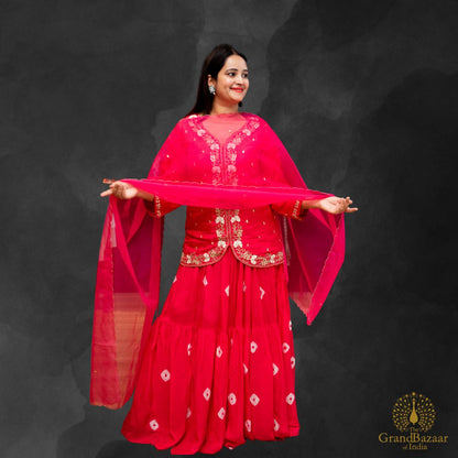 Pink embroidered Blouse with printed Skirt and Dupatta