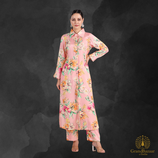 Pink Kurti set with floral design prints