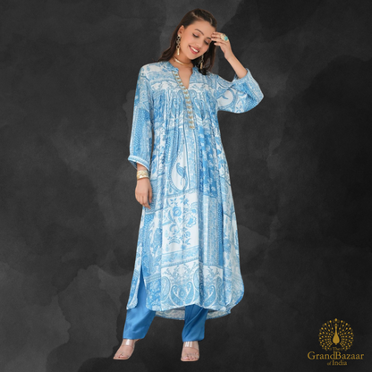 Blue kurti set with white block prints