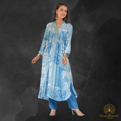 Blue kurti set with white block prints