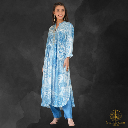 Blue kurti set with white block prints