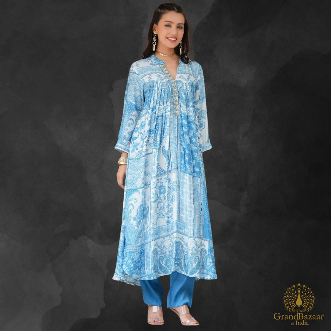 Blue kurti set with white block prints