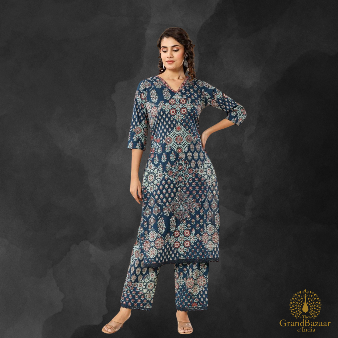 Blue kurti set with block prints