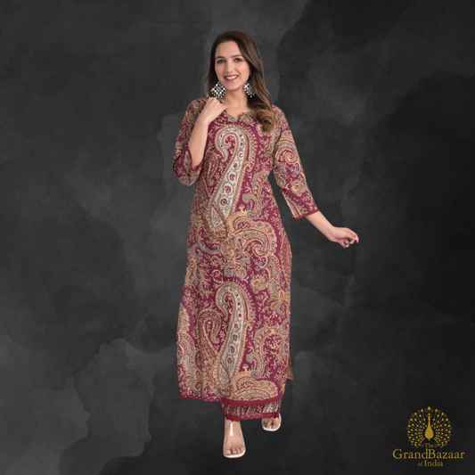 Red kurti set with Kashmiri block prints