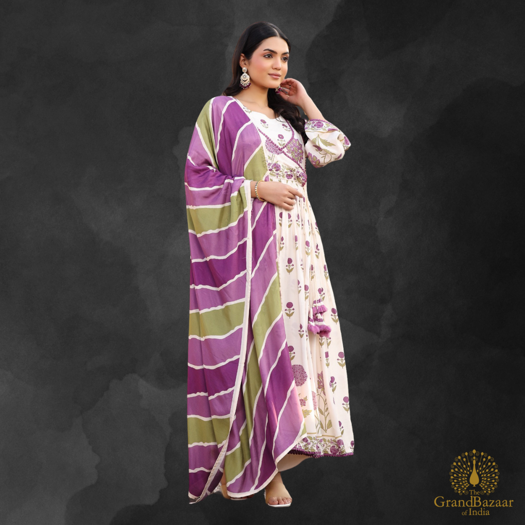 Off white kurti full set with purple and green floral prints