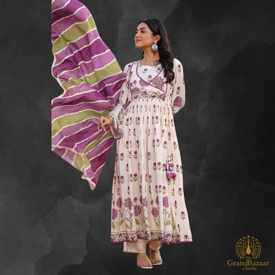 Off white kurti full set with purple and green floral prints