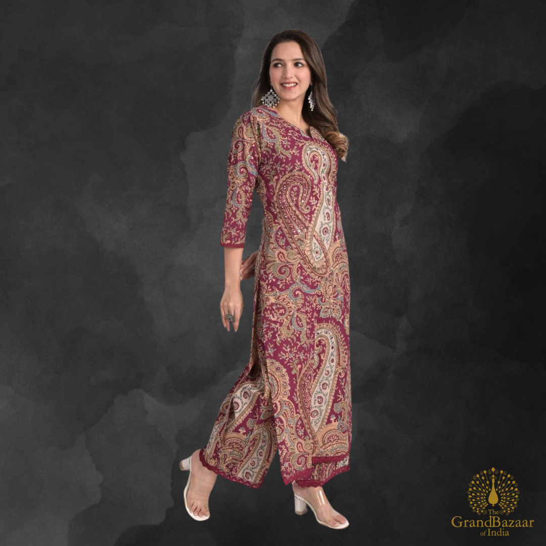 Red kurti set with Kashmiri block prints