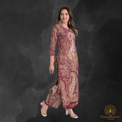 Red kurti set with Kashmiri block prints
