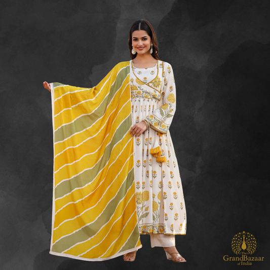 Off white kurti full set with yellow and green floral prints