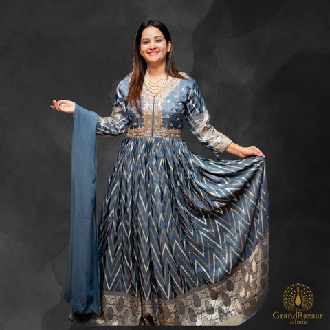 Grey Long Gown with Golden embroidery and Dupatta