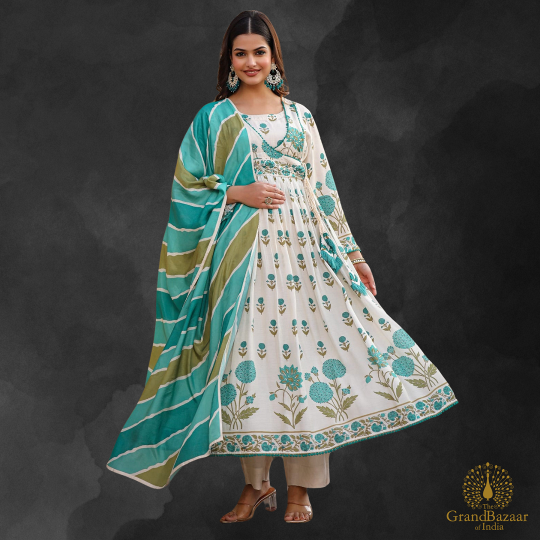 Off white kurti full set with green floral prints