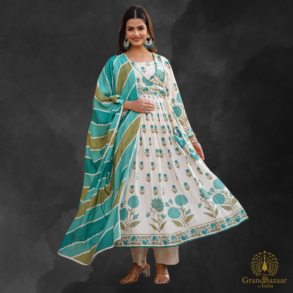 Off white kurti full set with green floral prints