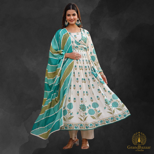 Off white kurti full set with green floral prints
