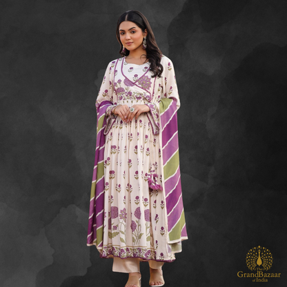 Off white kurti full set with purple and green floral prints